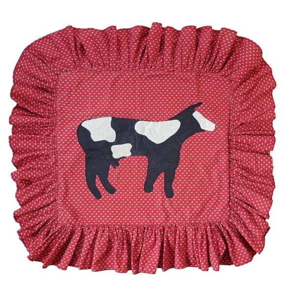Vintage Cow Pillow Cover Ruffled Red Calico Cotton Holstein - Picture 1 of 11